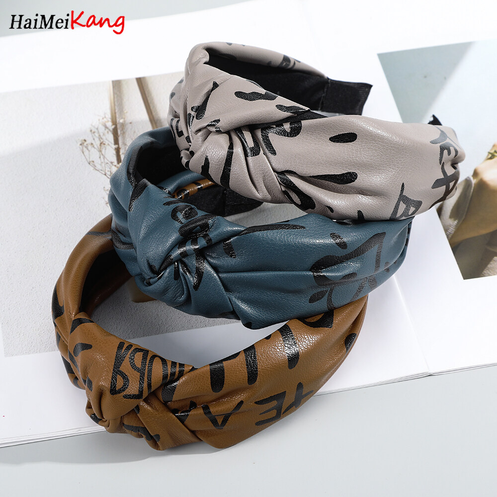 Korean Fashion Headband Women Leather Hair Band Letter Graffiti Wide-brimmed Hair Accessories