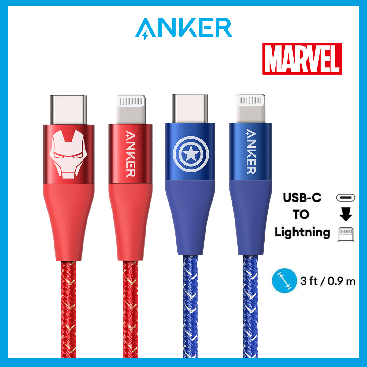 Anker x Marvel PowerLine+ II USB C to Lightning Cable 3ft|6ft iPhone Cable [Apple MFi Certified] Braided Nylon Fast Charging Cable for iPhone, iPad, and iPod (A9548|A9551)