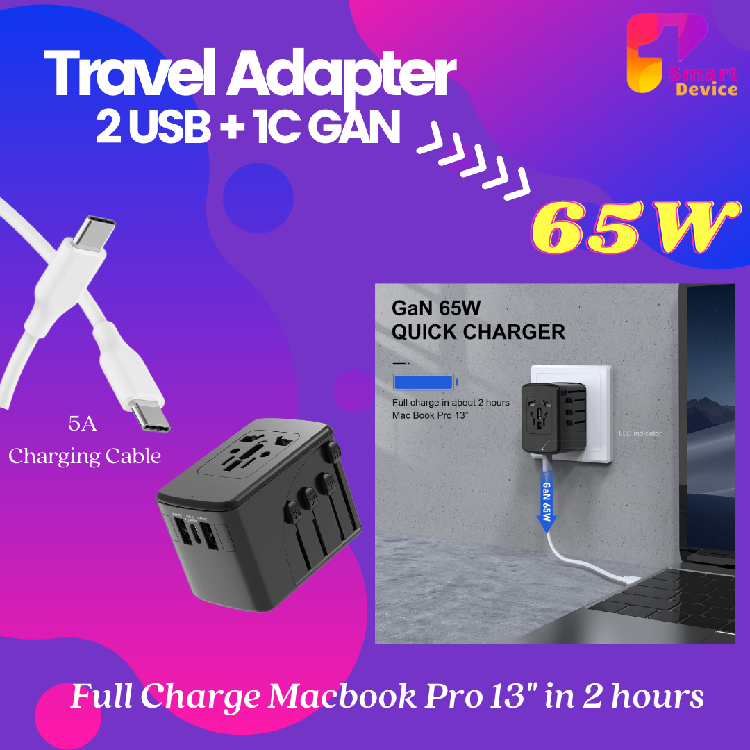 65W Universal Travel Adapter - GaN Type-C Charger, 2USB-A & 1 USB-C PD Fast Charge