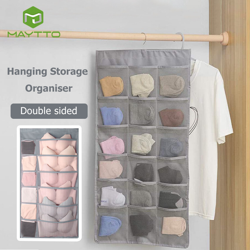 MAYTTO Dual Sided Hanging Pockets Wardrobe Organizer Underwear Storage Closet Mesh Organizer for Stocking Bra Sock and Toiletries Accessories Washable