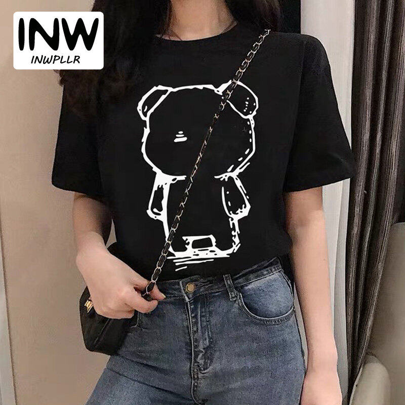 INWPLLR New Women Tshirt Bear Printed Tops Korean Fashion Funny T-Shirts Female Casual Summer Short Sleeve Tops Plus Size
