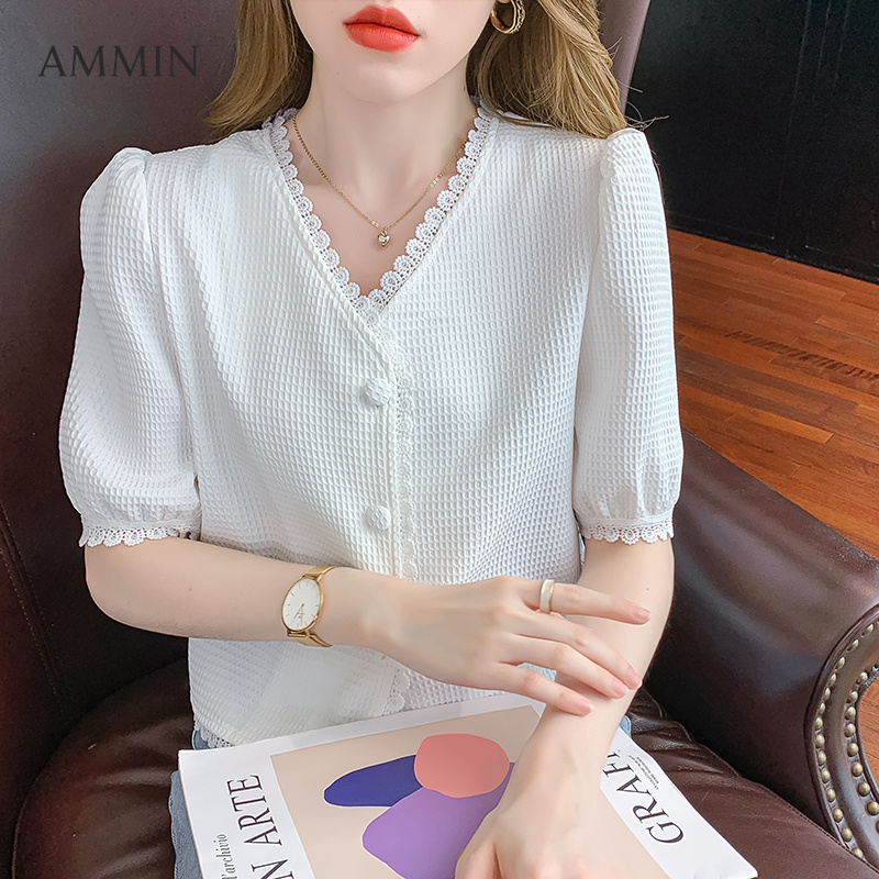 AMMIN Korean style ladies all-match elegant design sense waffle lace stitching short-sleeved Blouse fashionable temperament gentle style V-neck puff sleeve top