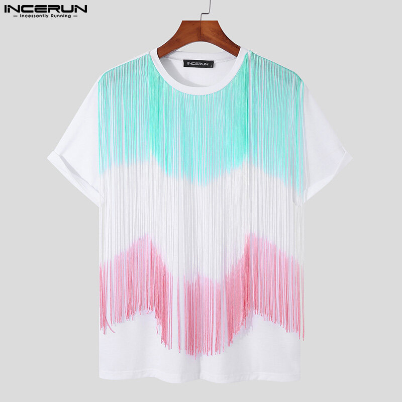 INCERUN Mens Short Sleeve Tassel Front T Shirts Casual Holiday Blouse Tops Tees (Casual Wear) #3