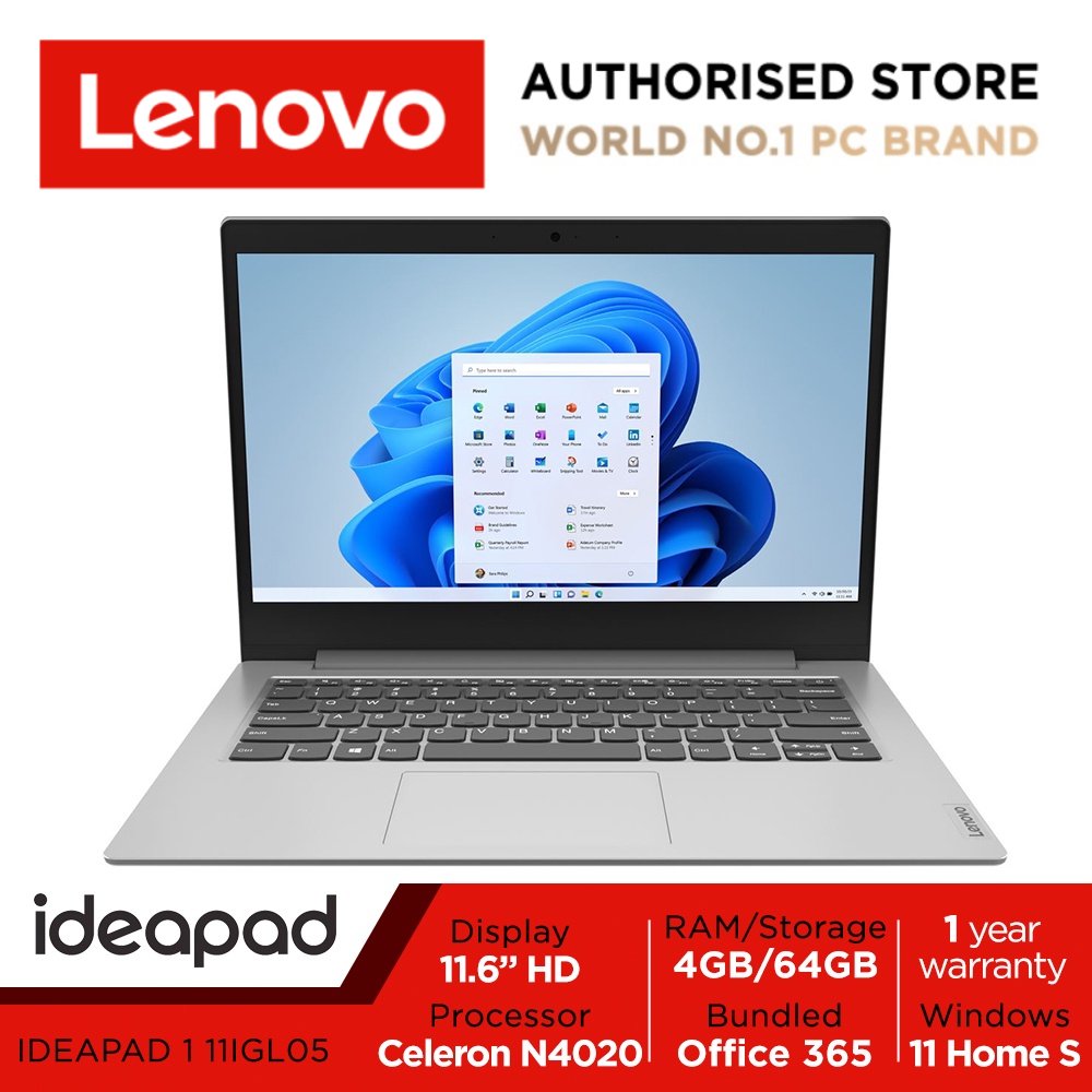 Lenovo IdeaPad 1 11IGL05 | 81VT006DSB | 11.6" HD Anti-glare | Intel Celeron N4020 | Intel UHD Graphics 600 | 4GB RAM | 64GB eMMC | Win11 Home S mode | 1Y Warranty