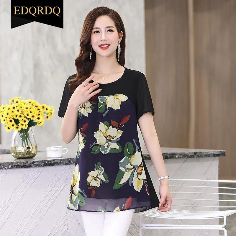 EDQRDQ Womens Lightweight Double-Layered Printed Chiffon Short Sleeve Mesh Blouse Loose Flowy Tops with Elasticity