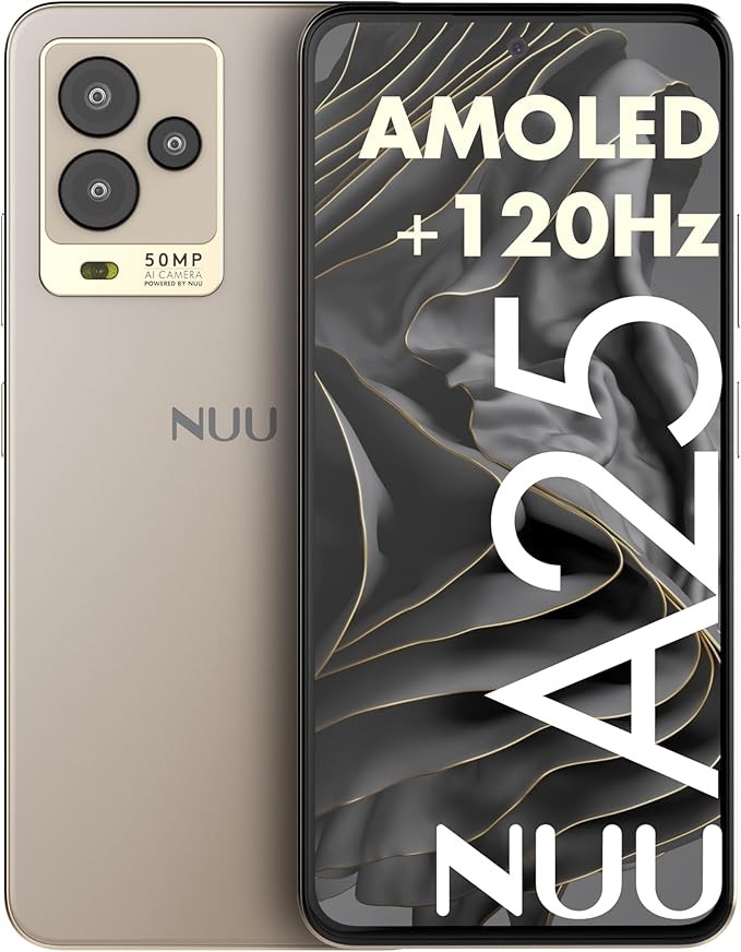 NUU A25 AMOLED 120Hz 6.7-inch Smartphone Compatible with T-Mobile, AT&T, Cricket, Mint, Ultra, Metro, Gaming Phone, Octa-core Helio G99, 4G/LTE Dual SIM, 6GB + 128GB 50MP Camera, Champagne Gold